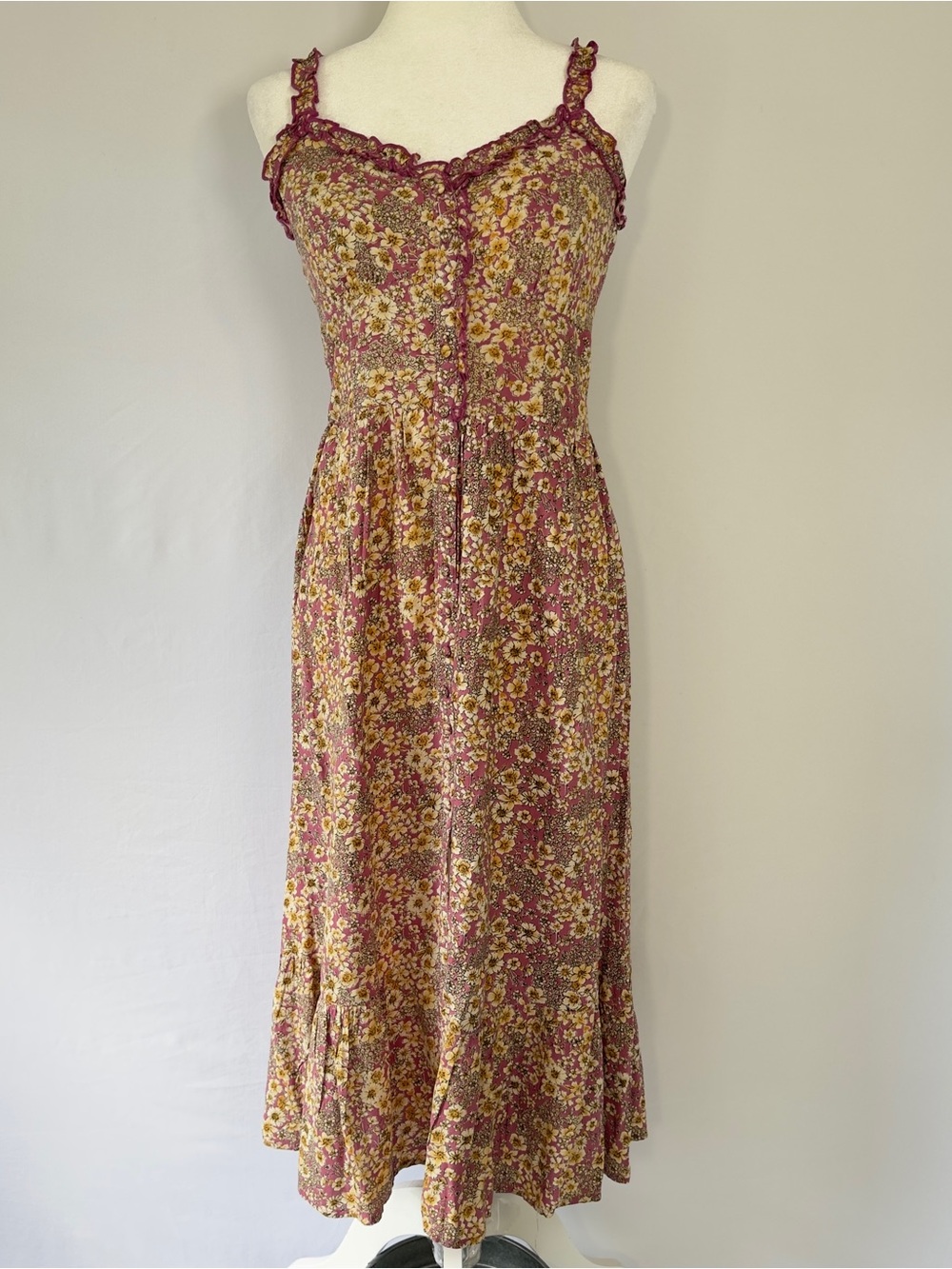 Patrons of Peace Women’s M Floral Midi Dress Smocked Ruffle Strap Cottagecore